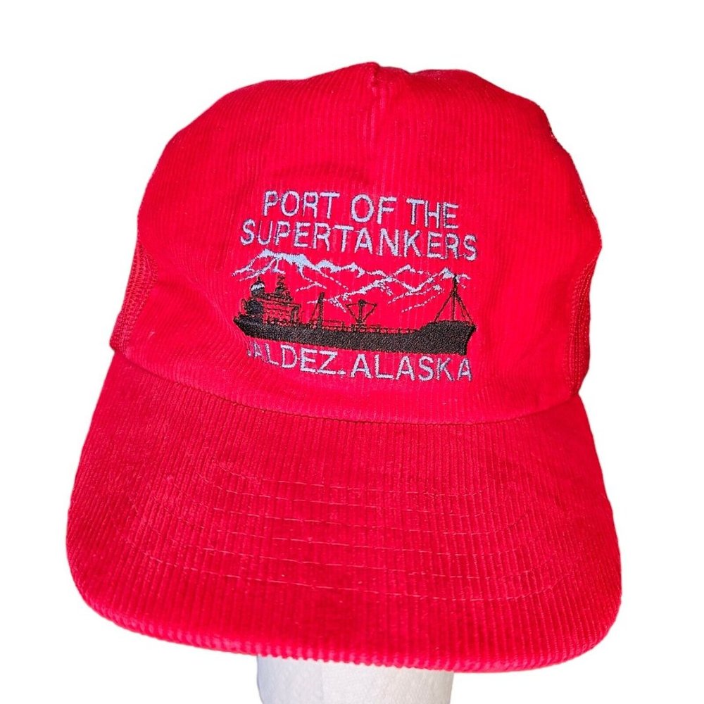 Vintage 80s Red Corduroy Snapback Hat Cap Valdez Alaska Port Supertankers